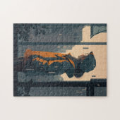 Einsame Frau bleibe in Regen neben dem Cartoon des Puzzle (Horizontal)