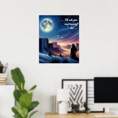 Einsame Frau sitzt beim Blick auf den Mond Poster (Heimbüro)