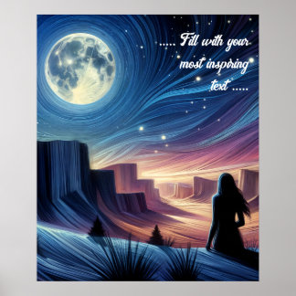 Einsame Frau sitzt und schaut auf den Mond Poster