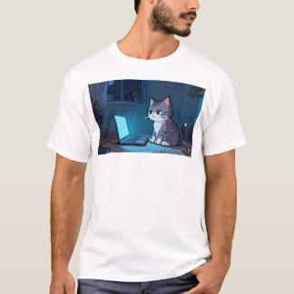 Einsame Pixelkatze mit Laptop – Chill Retro Pixel  T-Shirt