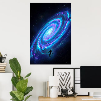 Einsamer Astronaut leuchtende kosmische Spiralgala Poster