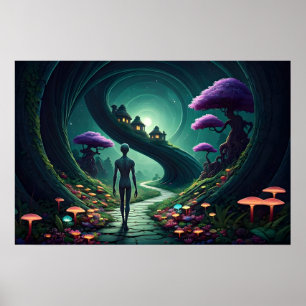 Einsamer Außerirdischer geht den Weg durch einen a Poster