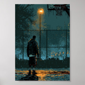 Einsamer Basketballspieler bei Nacht Poster