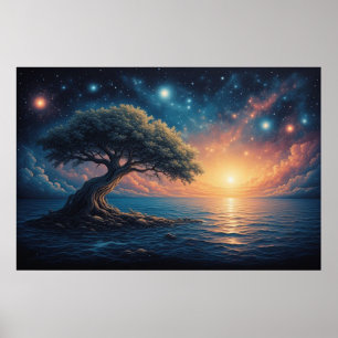 Einsamer Baum am Ozean bei Sonnenuntergang 🌅 Ster Poster