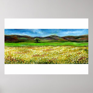 EINSAMER BAUM AUF DEM GELBEN BLUMENFELD, TUSCIEN POSTER