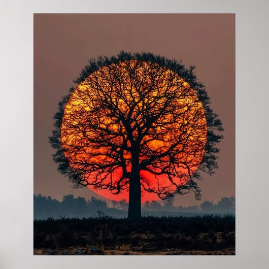 Einsamer Baum bei Sonnenuntergang Poster (Vorne)