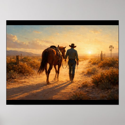 Einsamer Cowboy geht neben Pferd her Poster (Vorne)