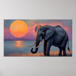 Einsamer Elefant am majestätischen Sonnenuntergang Poster
