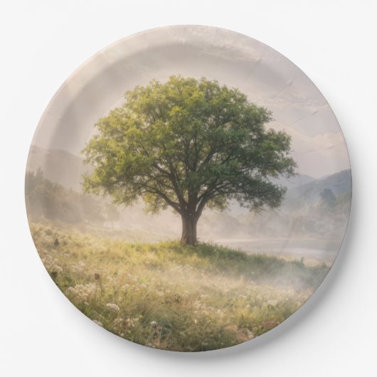 Einsamer grüner Baum im Nebel mit Sonnenstrahlen Pappteller (Vorderseite)