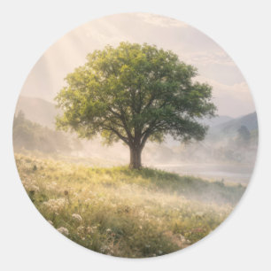 Einsamer grüner Baum im Nebel mit Sonnenstrahlen Runder Aufkleber
