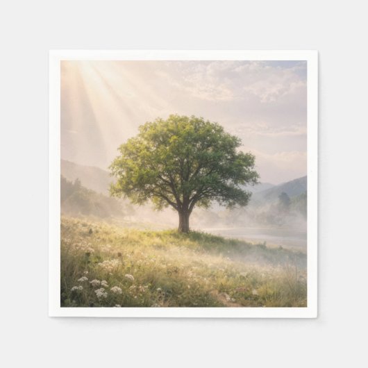Einsamer grüner Baum im Nebel mit Sonnenstrahlen Serviette (Vorderseite)