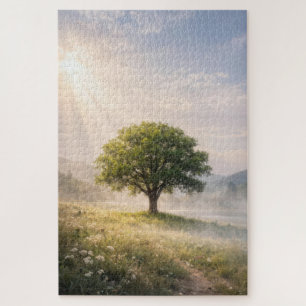 Einsamer grüner Baum mit Sonnenstrahlen Puzzle