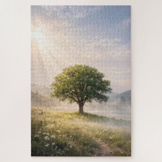 Einsamer grüner Baum mit Sonnenstrahlen Puzzle (Vertikal)