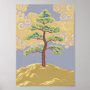 Einsamer Kiefernbaum auf nebligem Hang Kunstposter Poster
