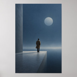 Einsamer Mann unter Vollmond Minimal Blau Figura Poster