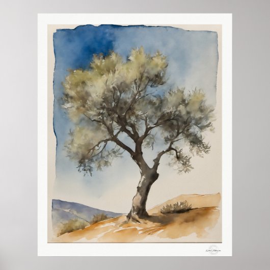Einsamer Olivenbaum Botanischer Kunstdruck Poster (Vorne)