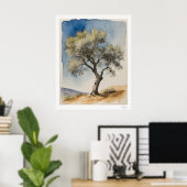 Einsamer Olivenbaum Botanischer Kunstdruck Poster (Heimbüro)