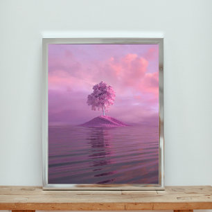 Einsamer Rosa Baum auf einer Lila Insel im Ozean Fotodruck