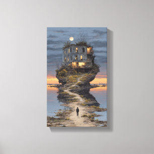 Einsamer Wanderer Surreal Schwimmende Ruine Mond Leinwanddruck
