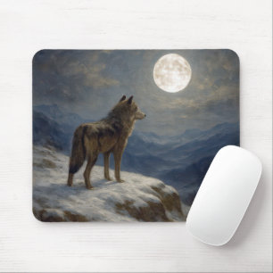 Einsamer Wolf auf einem Berggipfel im Mondlicht Mousepad