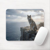 Einsamer Wolf auf einer felsigen Ozeanklippe Mousepad (Mit Mouse)