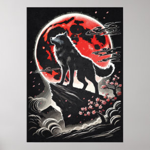 Einsamer Wolf im roten Mond - japanische Anime-Tat Poster