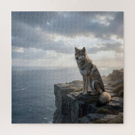 Einsamer Wolf sitzt auf einer felsigen Ozeanklippe Puzzle (Vertikal)