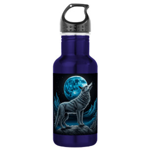Einsamer Wolf und Vollmond Schwarz und Blau Edelstahlflasche