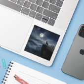 Einsamer Wolf unter dem Mond – Ein zeitloses Gemäl Aufkleber (Laptop mit iPhone)