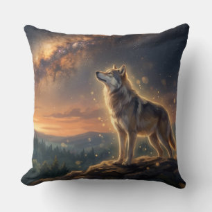 Einsamer Wolf unter dem sternenklaren Milchstraßen Kissen