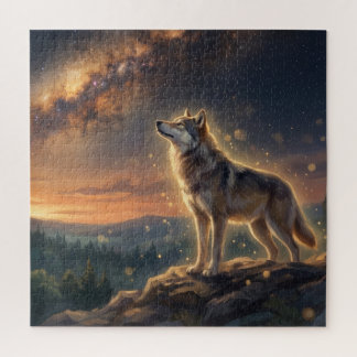 Einsamer Wolf unter dem sternenklaren Milchstraßen Puzzle