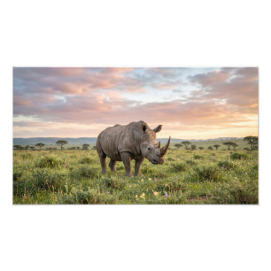 Einsames Nashorn in der Savanne bei Sonnenuntergan Fotodruck