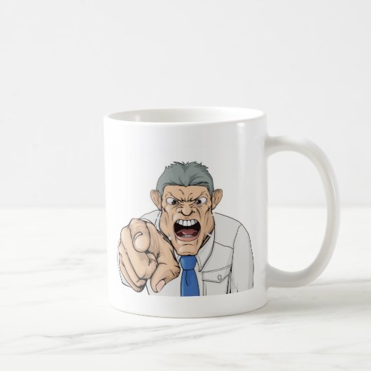 Einschüchternschreiender chef und Zeigen Kaffeetasse (Rechts)