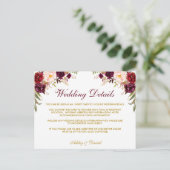 Einsteckkarte für Burgund-Floral-Hochzeitdetails Postkarte (Stehend Vorderseite)