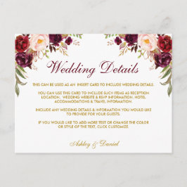 Einsteckkarte für Burgund-Floral-Hochzeitdetails Postkarte