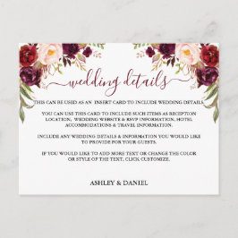 Einsteckkarte für Burgund-Floral-Hochzeitdetails Postkarte