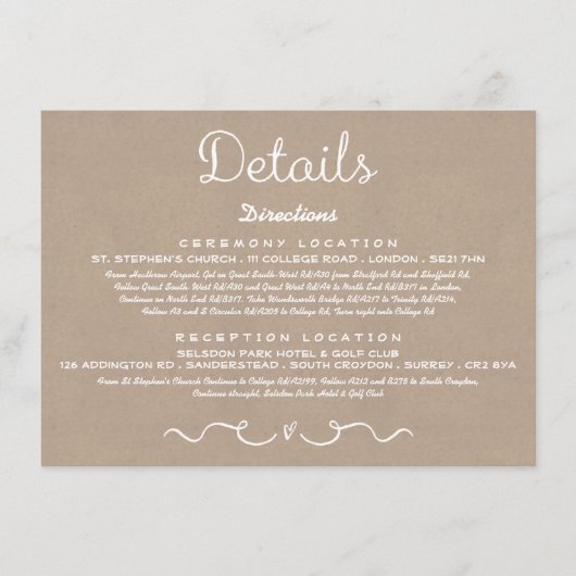 Einsteckkarte für Hochzeitdetails | Rustikale Kraf Begleitkarte (Vorderseite)