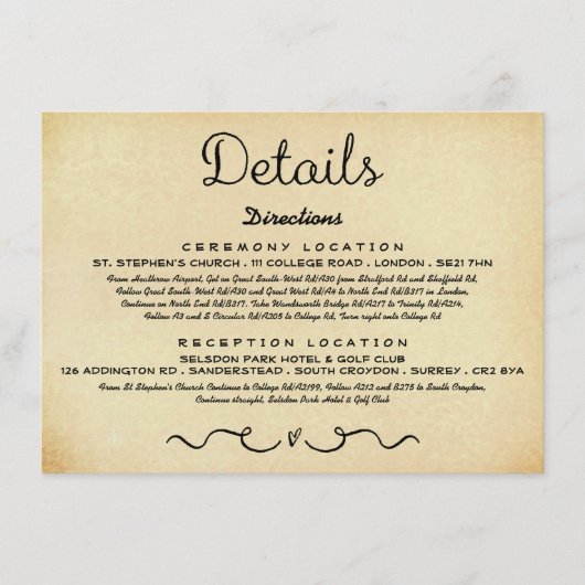 Einsteckkarte für Hochzeitdetails | Vintage Antike Begleitkarte (Vorderseite)