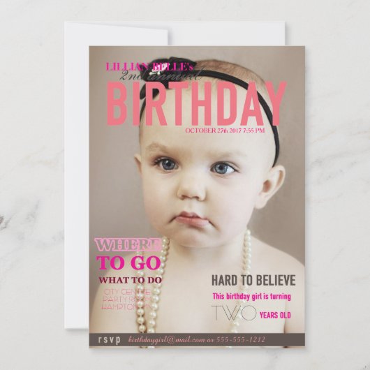 Einstellungsfähige Girl's Birthday Invite Magazine Einladung (Vorderseite)