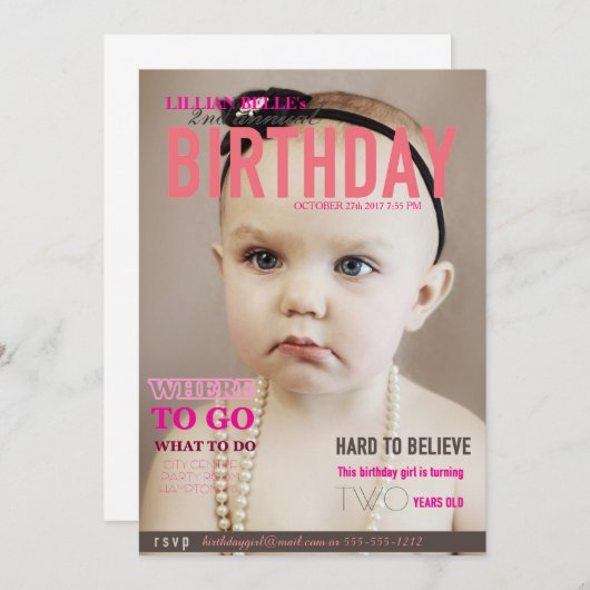 Einstellungsfähige Girl's Birthday Invite Magazine Einladung (Vorne/Hinten)
