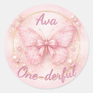 Eint-wunderbarer Rosa Schmetterling 1. Geburtstag  Runder Aufkleber
