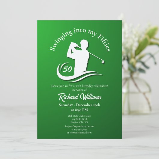 Eintauchen in mein 50er Modern Golf Player Party Einladung (Stehend Vorderseite)