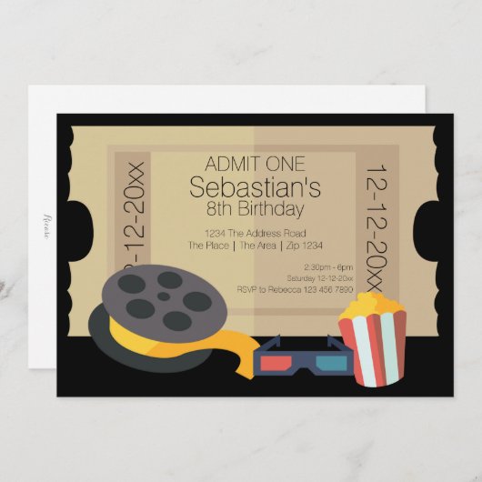 Eintrittskarte für das neue Party Popcorn Filmrega Einladung (Vorne/Hinten)