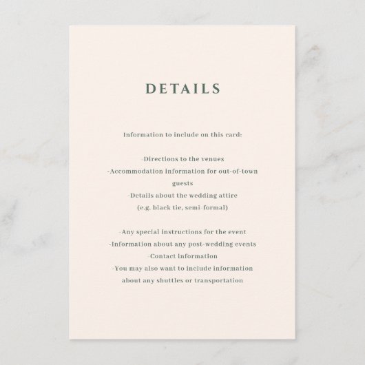 Eintrittskarte für Elfenbein und Evergreen Wedding Begleitkarte (Vorderseite)