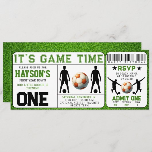 Eintrittskarte für Fußball 1. Geburtstag Einladung (Vorne/Hinten)