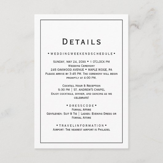 Eintrittskarte für Minimalistische Hochzeitdetails Begleitkarte (Vorderseite)