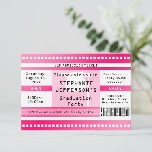Eintrittskarte für rosa Abschluss oder Party Einladung (Stehend Vorderseite)