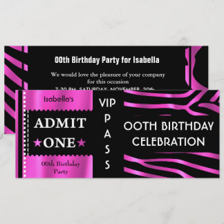 Eintrittskarte Geburtstagsparty Zebra Pink Black Einladung