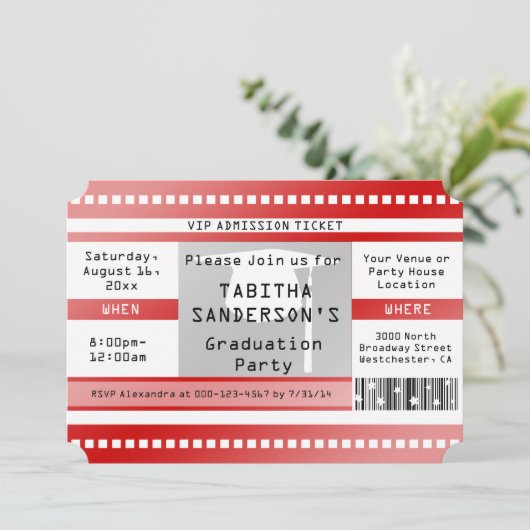 Eintrittskarte zur Red Graduation Party Einladung (Stehend Vorderseite)