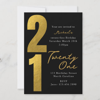 Einundzwanzig 21. Geburtstag Schwarz Gold Modern Einladung